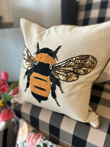 Bee Sequin Pillow with Metallic Cording