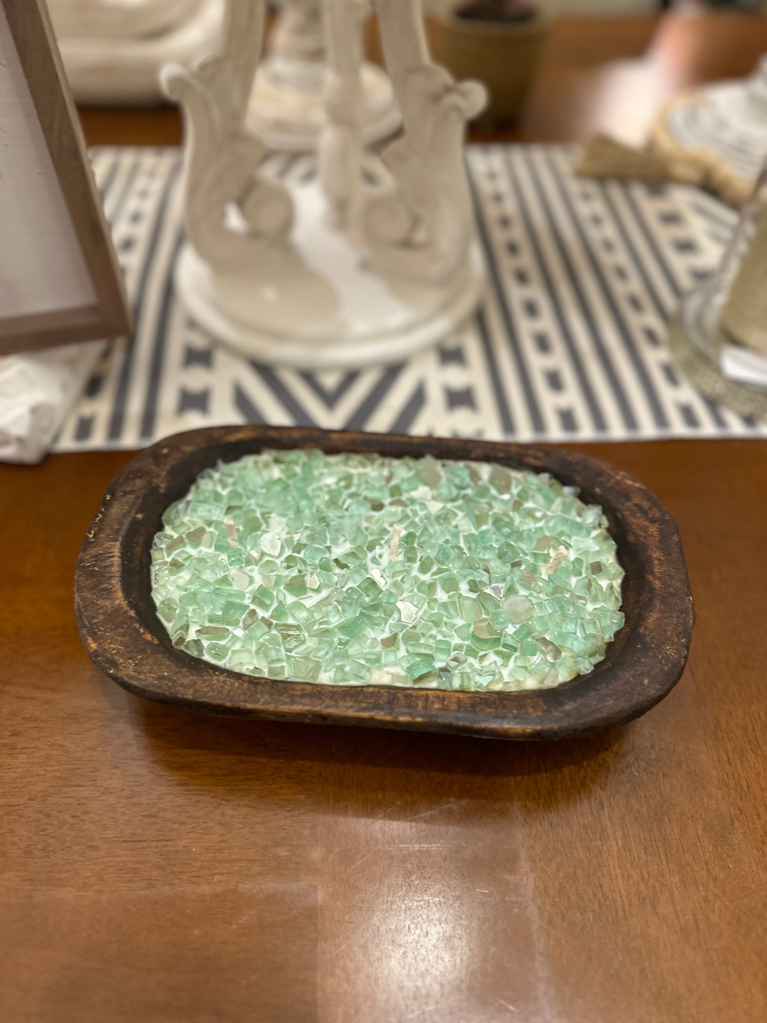 Fire Bowl Green Glass “ Citronella”Soy Candle in Brown Dough Bowl