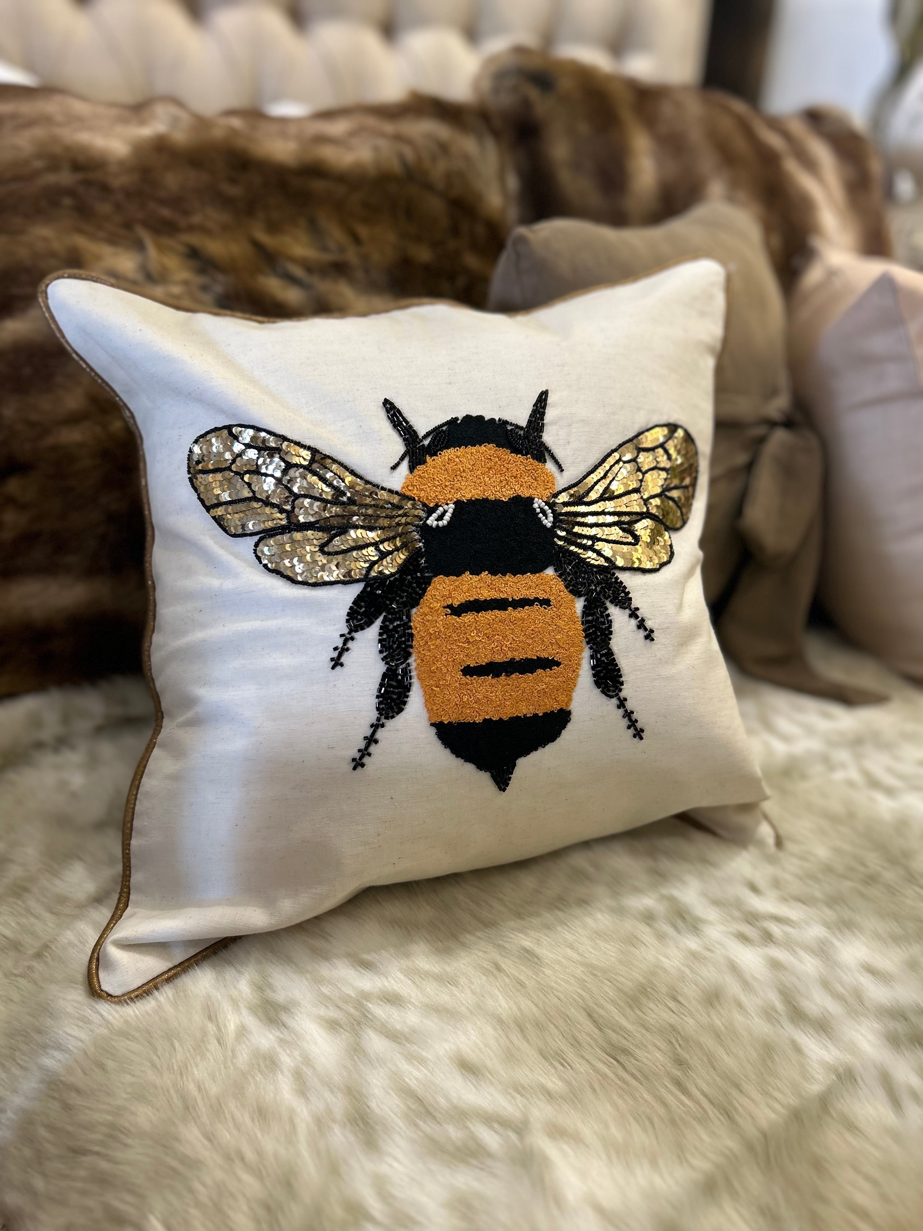 Bee Sequin Pillow with Metallic Cording