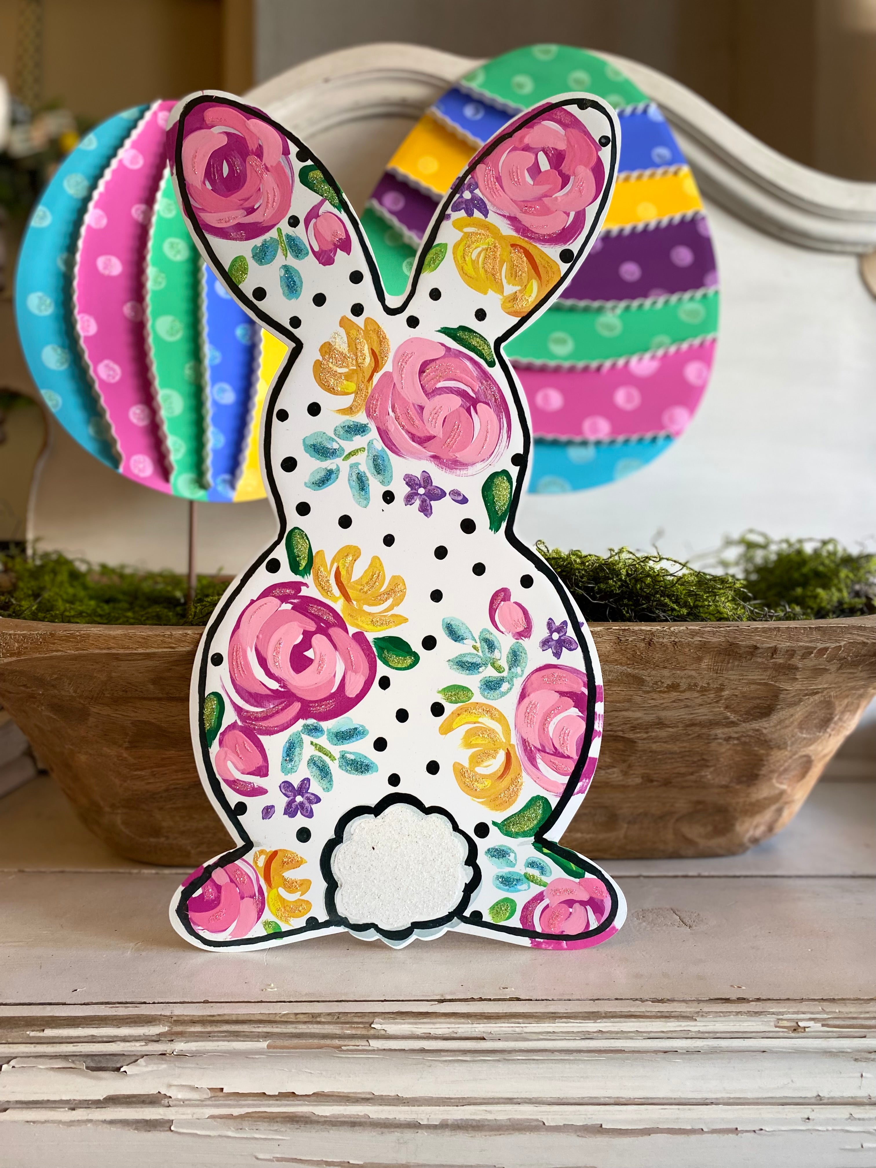 White Floral Rabbit Metal Door Hanger, Stake, and Attached Easel