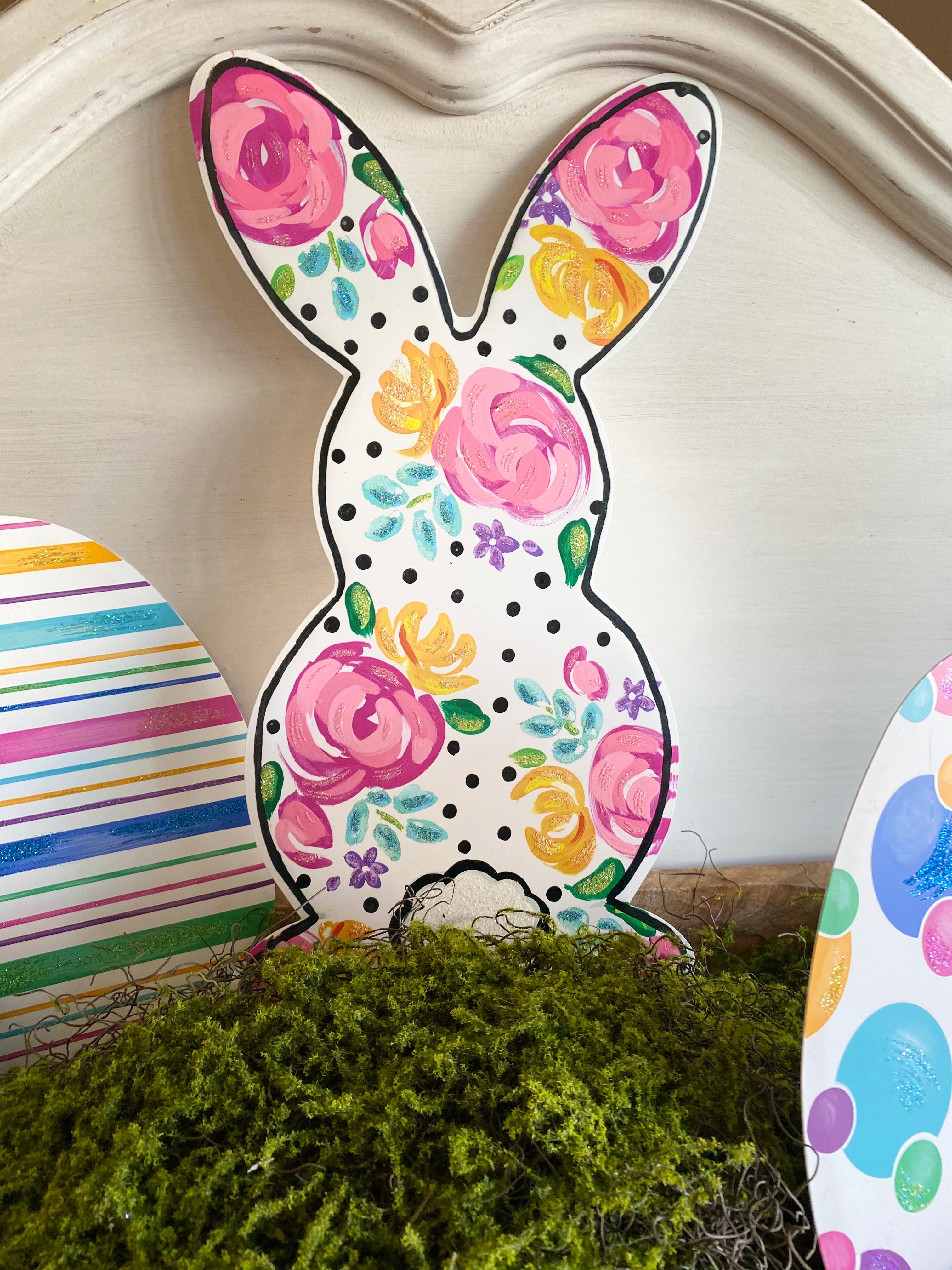White Floral Rabbit Metal Door Hanger, Stake, and Attached Easel
