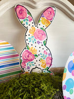 Load image into Gallery viewer, White Floral Rabbit Metal Door Hanger, Stake, and Attached Easel
