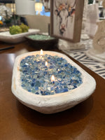 Load image into Gallery viewer, Fire Bowl Blue Glass Soy Candle in White Dough Bowl “At the Lake”
