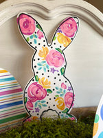 Load image into Gallery viewer, White Floral Rabbit Metal Door Hanger, Stake, and Attached Easel
