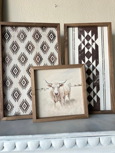 Cow White and Tan Art with Wood Frame 8”x8”