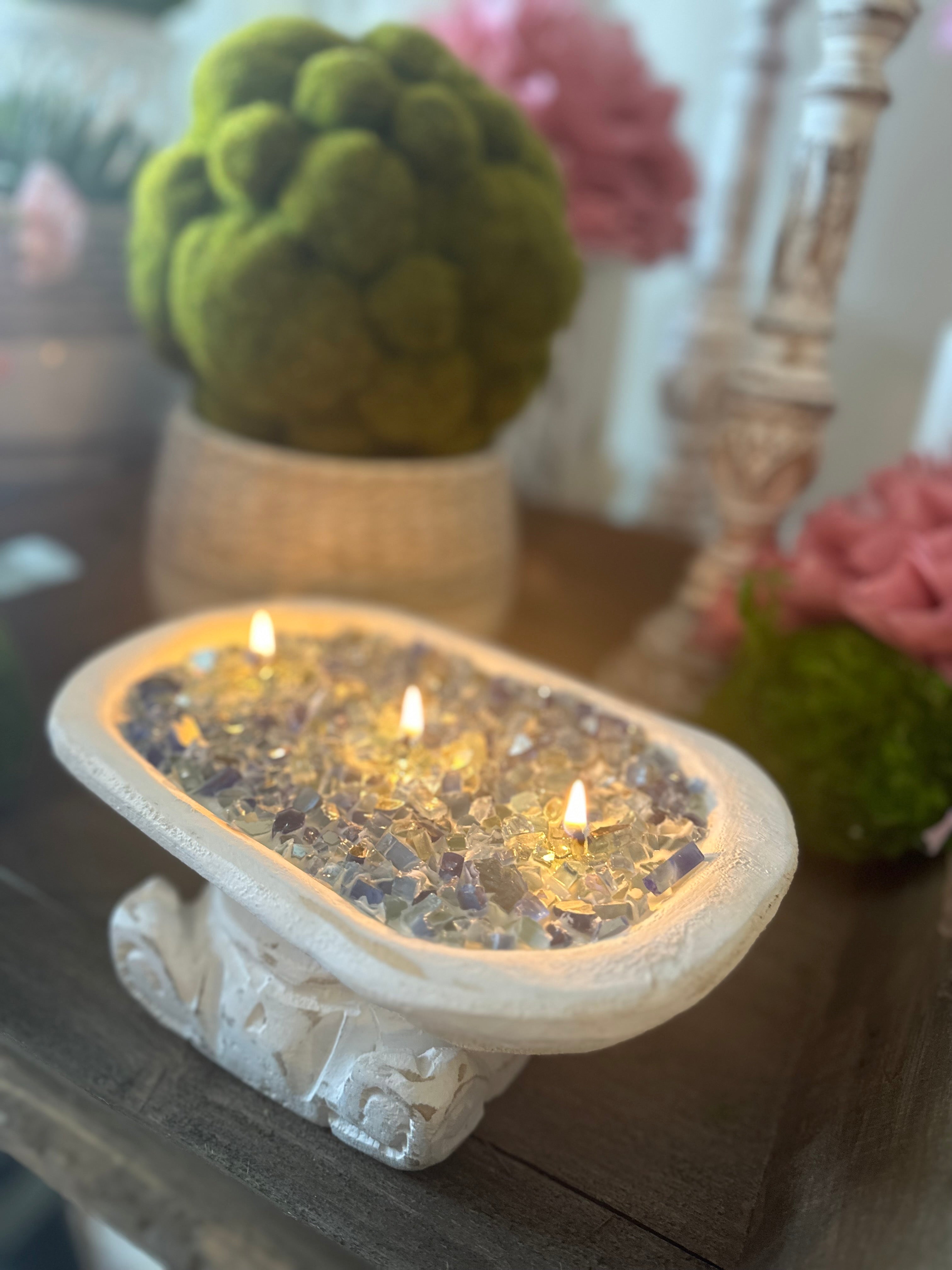 Fire Bowl Blue Glass Soy Candle in White Dough Bowl “At the Lake”