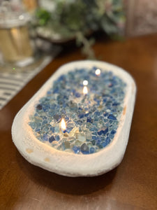 Fire Bowl Blue Glass Soy Candle in White Dough Bowl “At the Lake”
