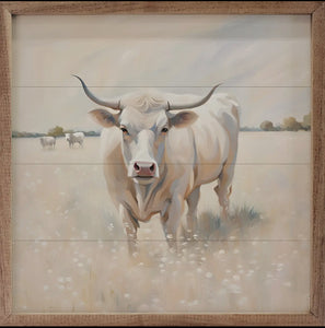 Cow White and Tan Art with Wood Frame 8”x8”