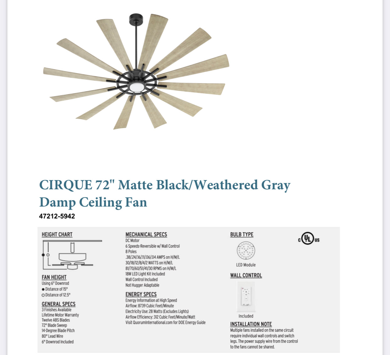 NEW! 72" Cirque Ceiling Fan DAMP
