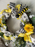 Load image into Gallery viewer, Bee Yellow, Black and White Harlequin Wreath
