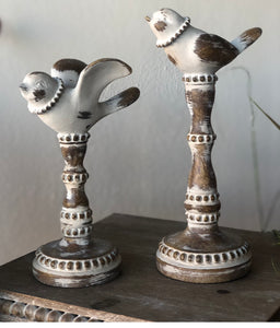 Set of 2 White and Wood Birds with Beaded Detail