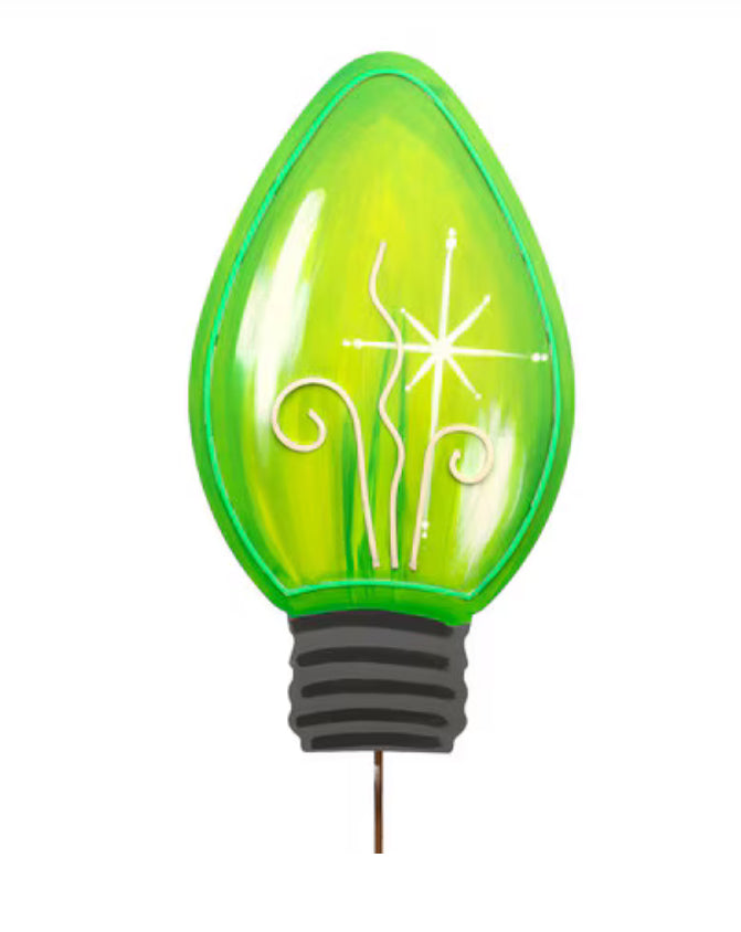 Christmas Neon Green Bulb Metal Stake Outdoor or Indoor