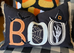 Load image into Gallery viewer, BOO Black Pillow with Bats, Witch Hat, Spider web, and Skeleton Hand
