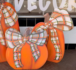 Load image into Gallery viewer, Plaid Orange and Brown Pumpkins Set of 2 Metal Stakes
