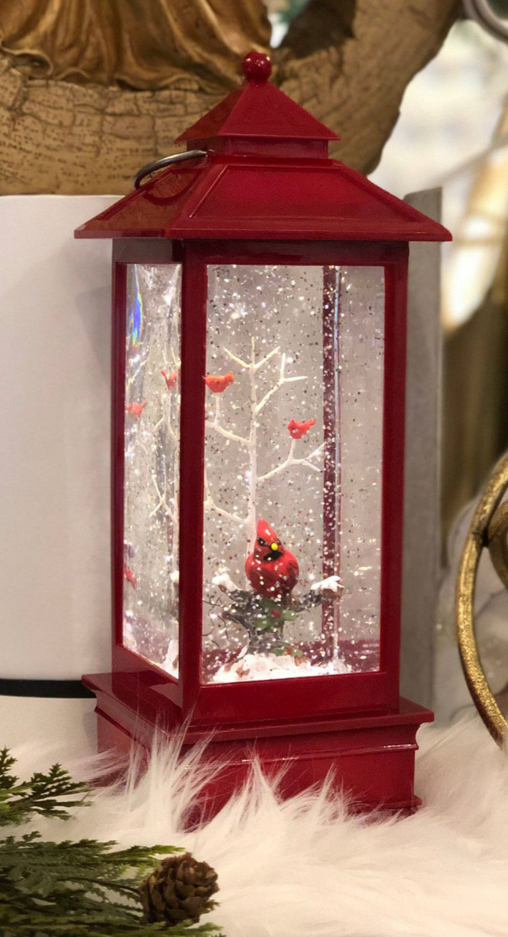 Red Lantern Snow Globe with Cardinals