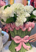 Load image into Gallery viewer, Blooming Pink and Green Tulip Planter with Pink Bow Spring Easter Ceramic Container
