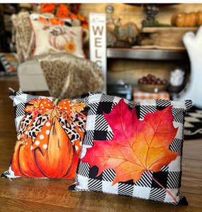 Orange Fall Leaf Buffalo Check Pillow