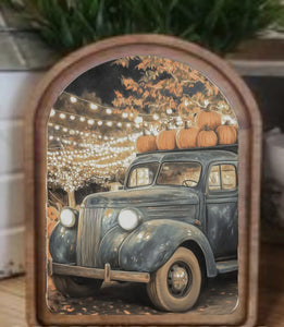 Fall Blue Farm Truck Hauling Harvest Pumpkins Wood Frame Picture Arch Top