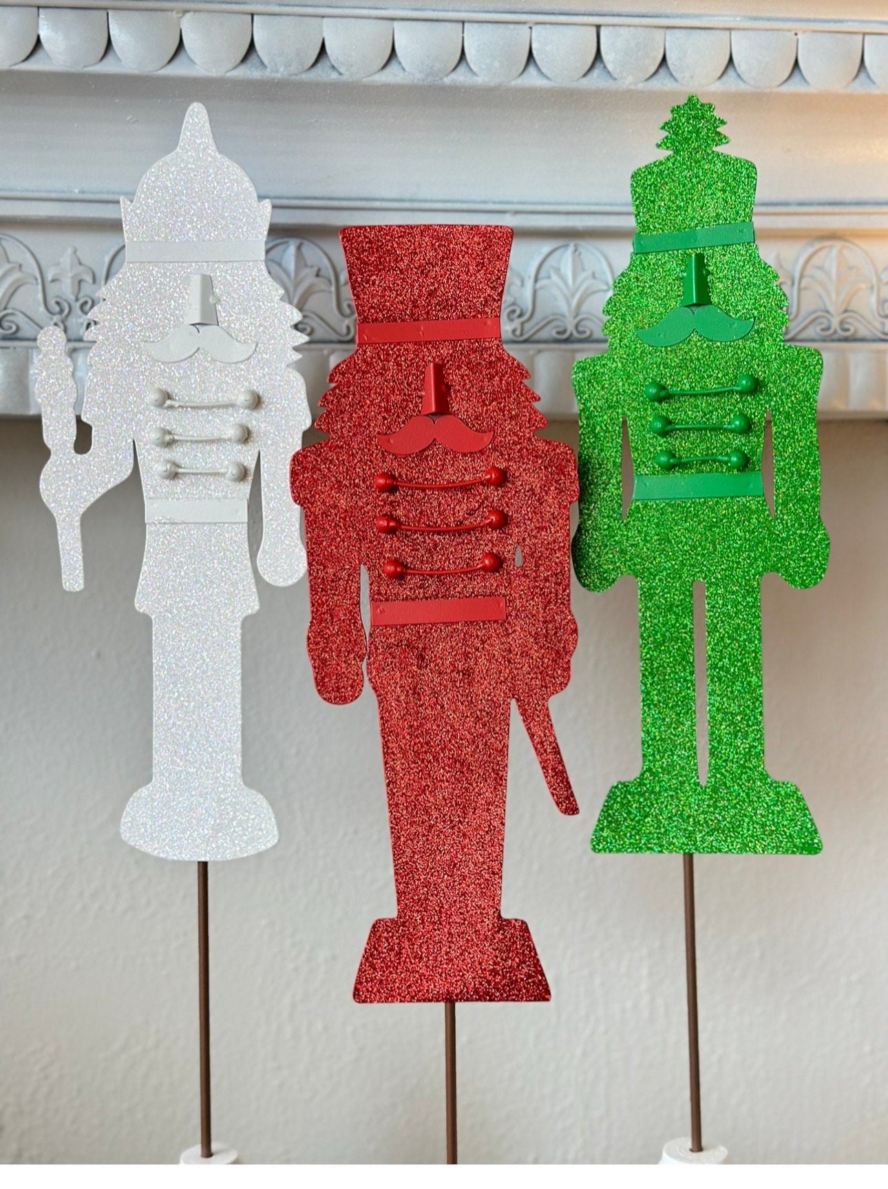 Set of 3 Nutcracker Christmas Metal Stakes Outdoor or Indoor White, Green, Red