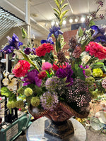 Load image into Gallery viewer, Summer Garden Bright Pink, Purple, and Green Floral Arrangement in Bronze Gold Container

