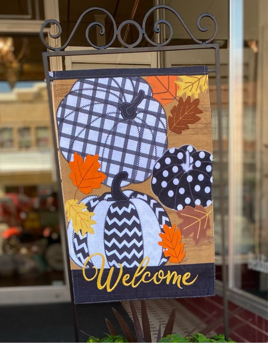 Fall Halloween Pumpkin Chevron, Polka Dot, Check Embroidered Flag with Leaf Patches Outdoor