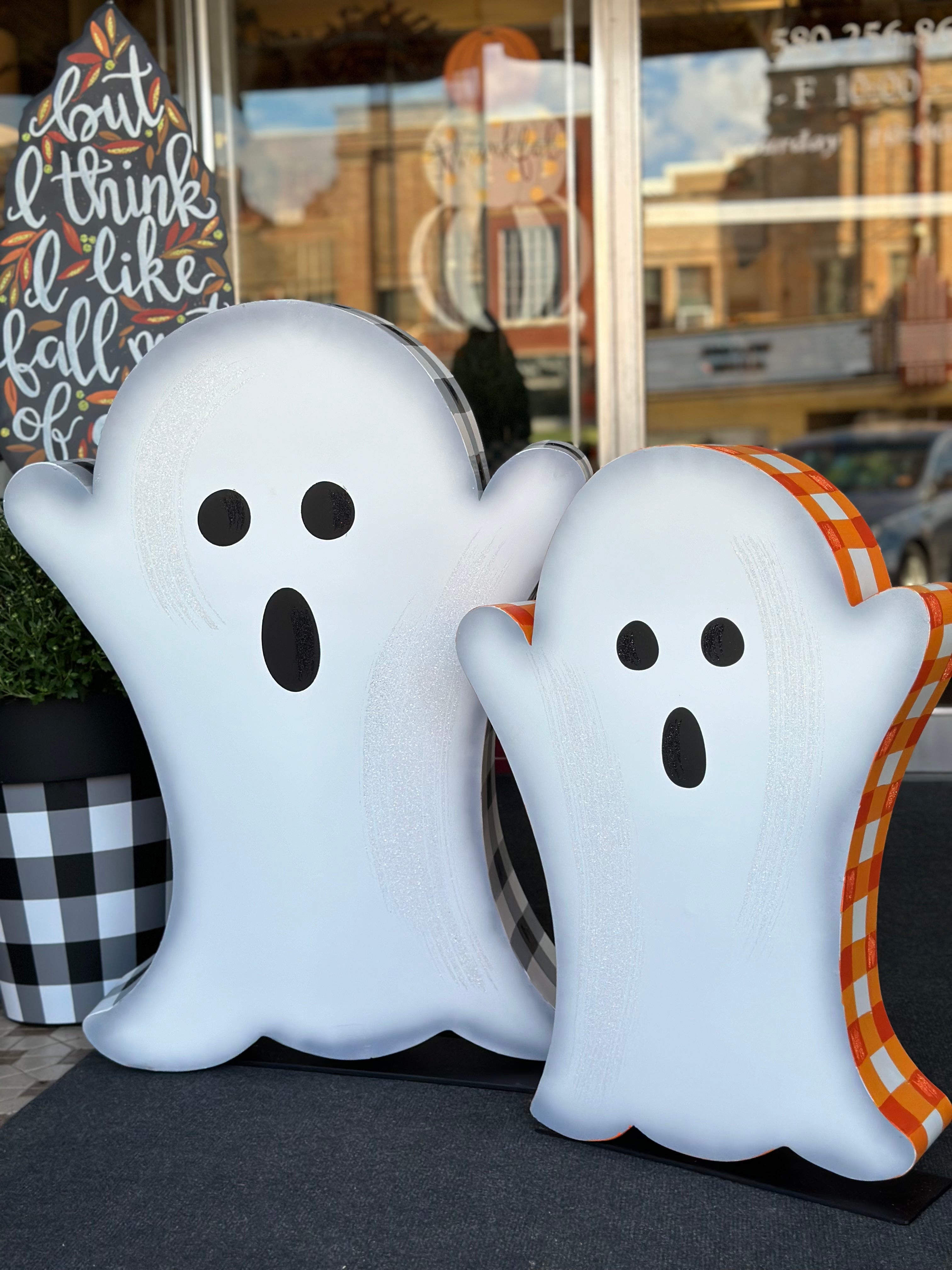 Set of 2 Metal Sparkling Ghosts with Buffalo Check Borders that Turn