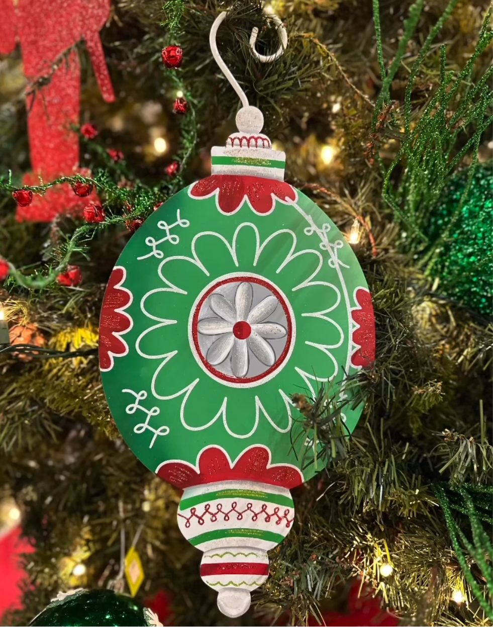 Set of 3 Large Red, White, & Green Metal Ornaments