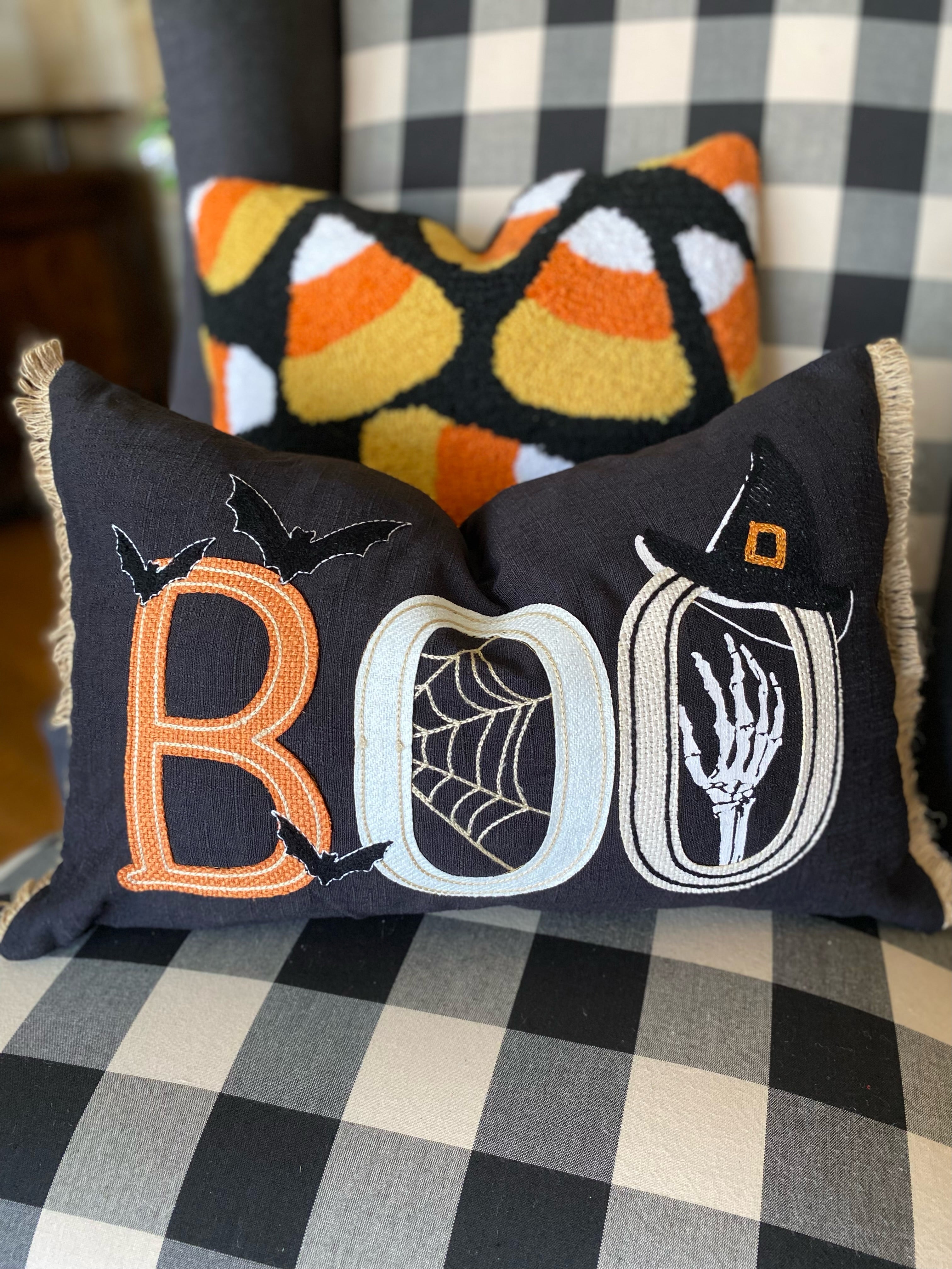 BOO Black Pillow with Bats, Witch Hat, Spider web, and Skeleton Hand