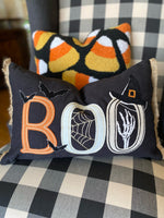Load image into Gallery viewer, BOO Black Pillow with Bats, Witch Hat, Spider web, and Skeleton Hand
