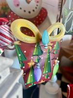 Load image into Gallery viewer, Red Vintage Bulb &amp; Tree Package with Gold Bow Metal Outdoor or Indoor Stake with Easel
