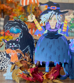 Load image into Gallery viewer, Small Tillie the Witch In Black, Purple, Orange, and Yellow with her Frog Roundtop Collection
