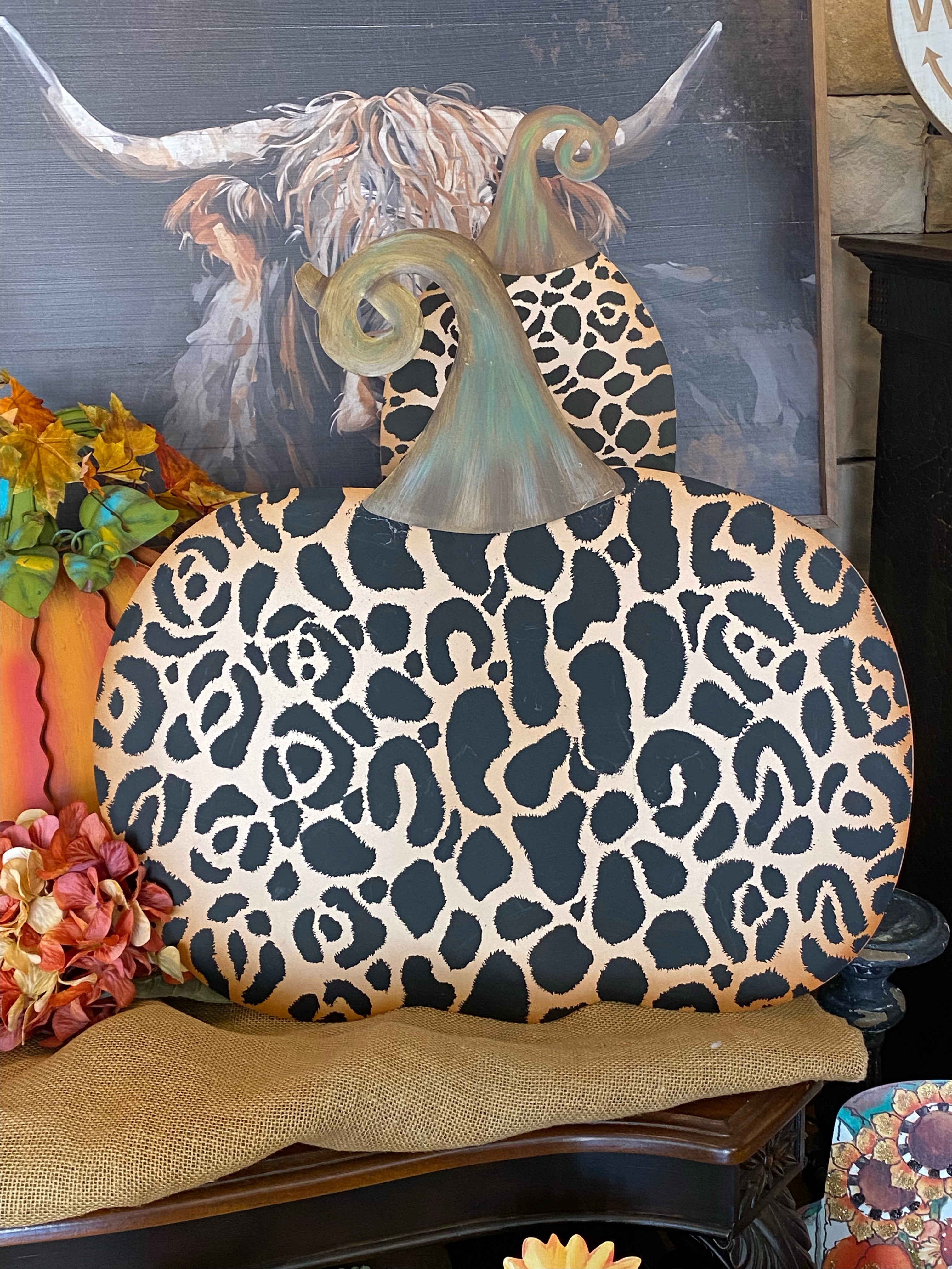 Large Metal Leopard Pumpkin with easel and stake