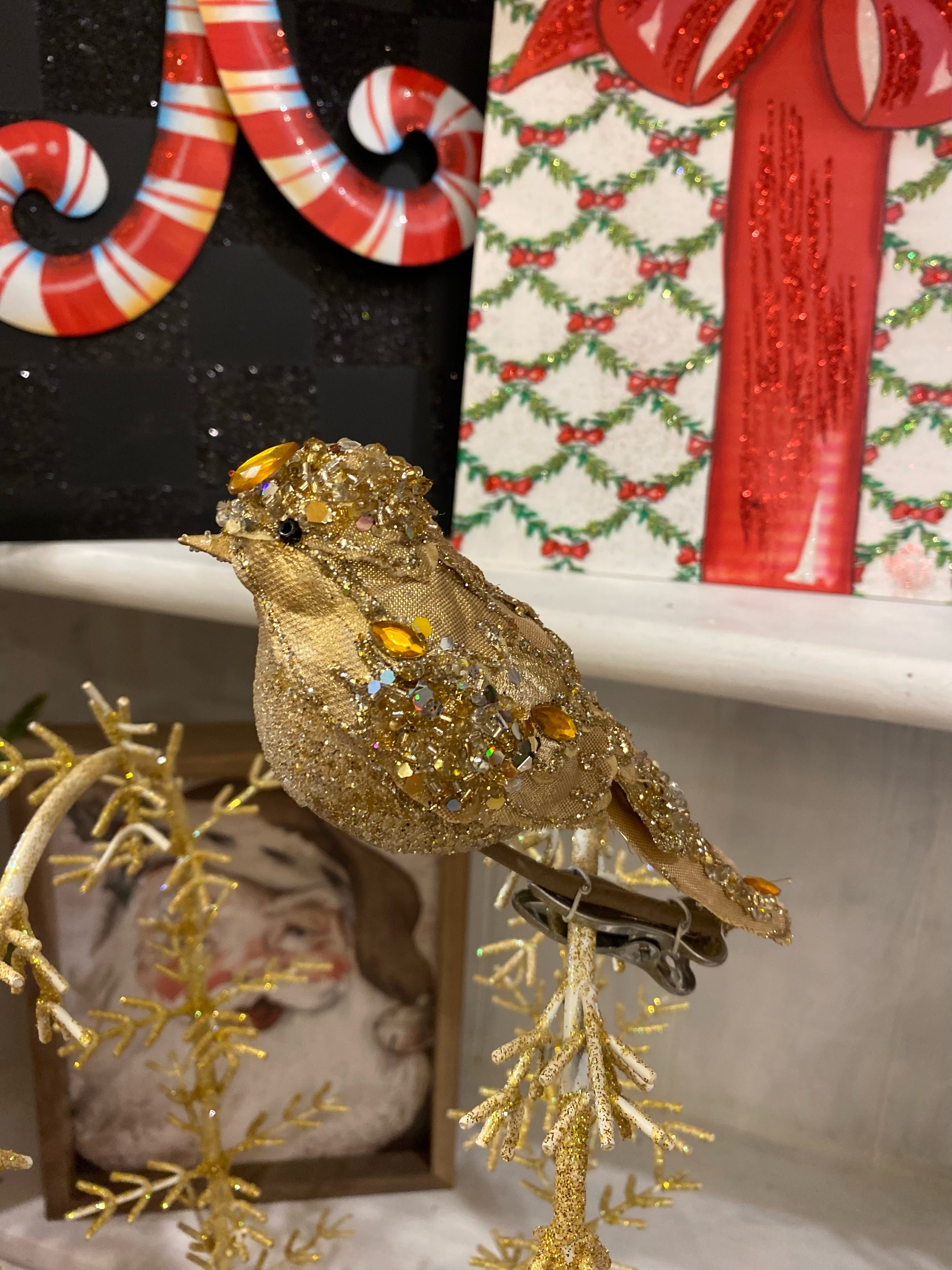 Gold Jeweled Bird Clip Ornament 4.5”