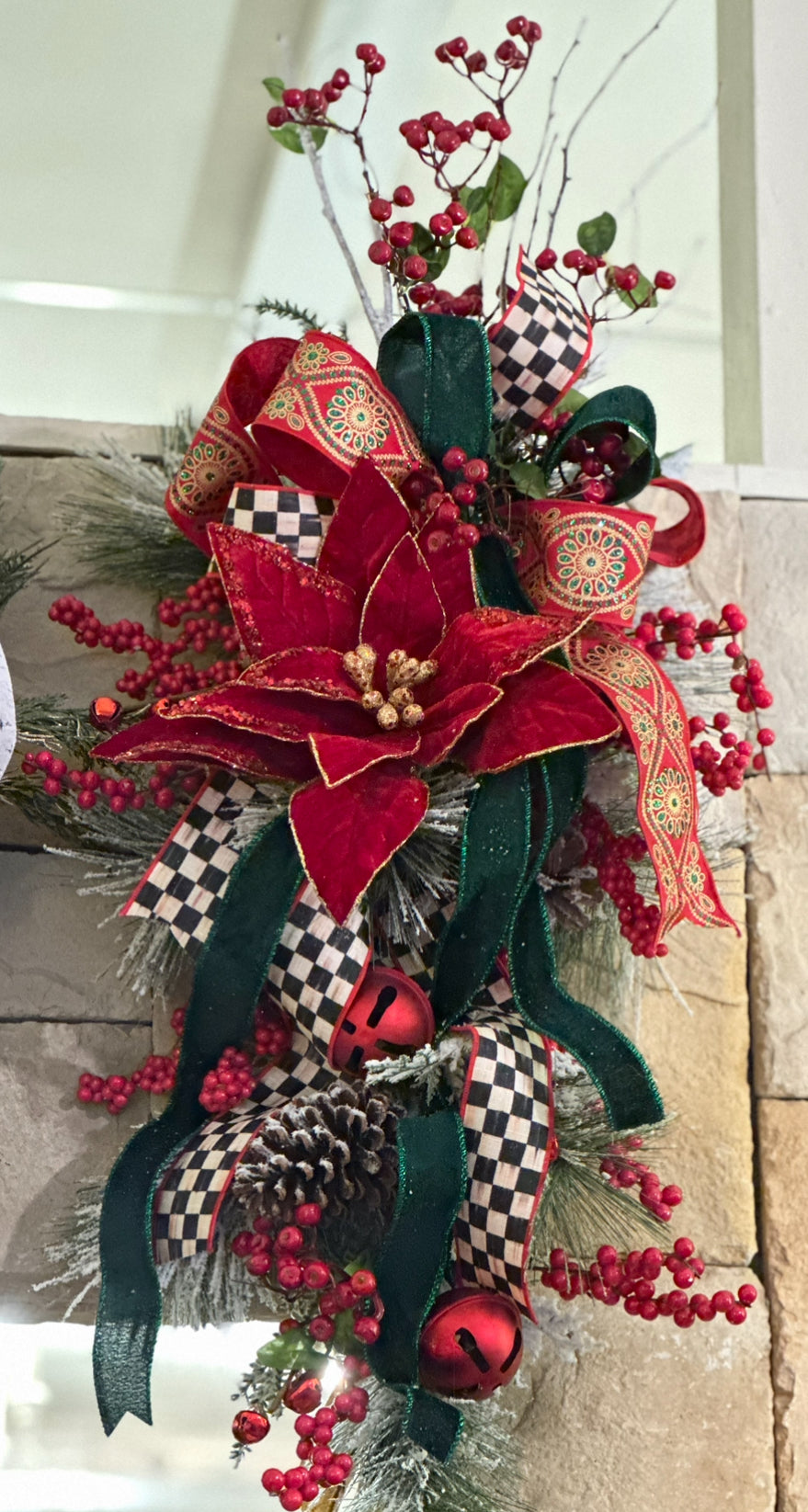 Checkered Black White, Emerald, and Red Poinsettia Swag with Bells