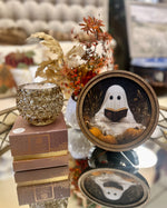 Load image into Gallery viewer, Halloween Wood Frame Ghost Picture in Pumpkin Patch 8” Dia
