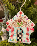 Load image into Gallery viewer, Gingerbread House Metal Ornament Checkered Pattern
