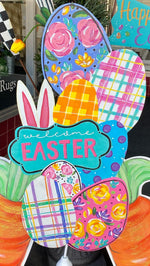 Load image into Gallery viewer, Welcome Easter Egg Floral and Plaid Metal Stake Sign
