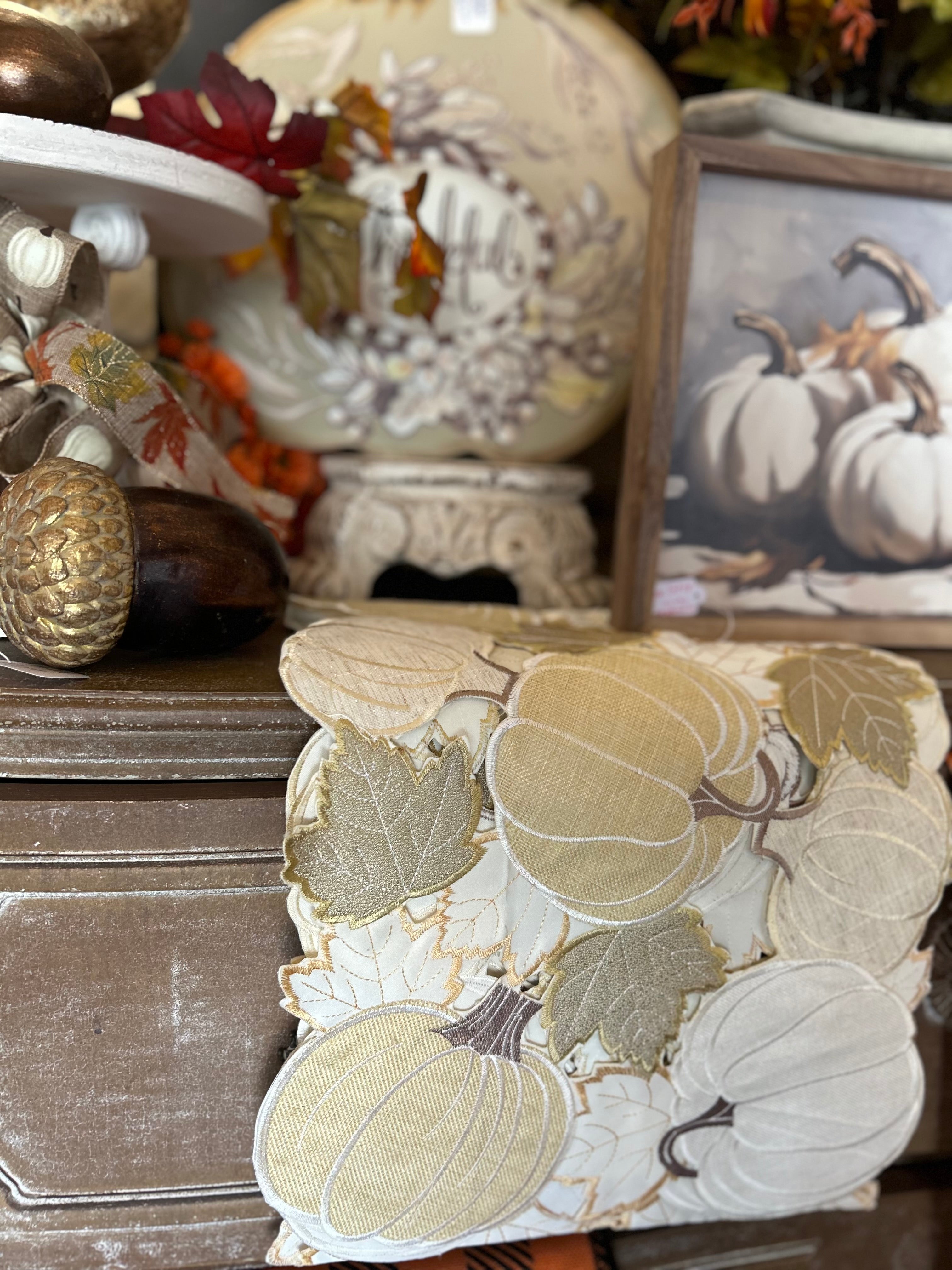 Elegant White, Gold, and Tan Pumpkin Table Runner