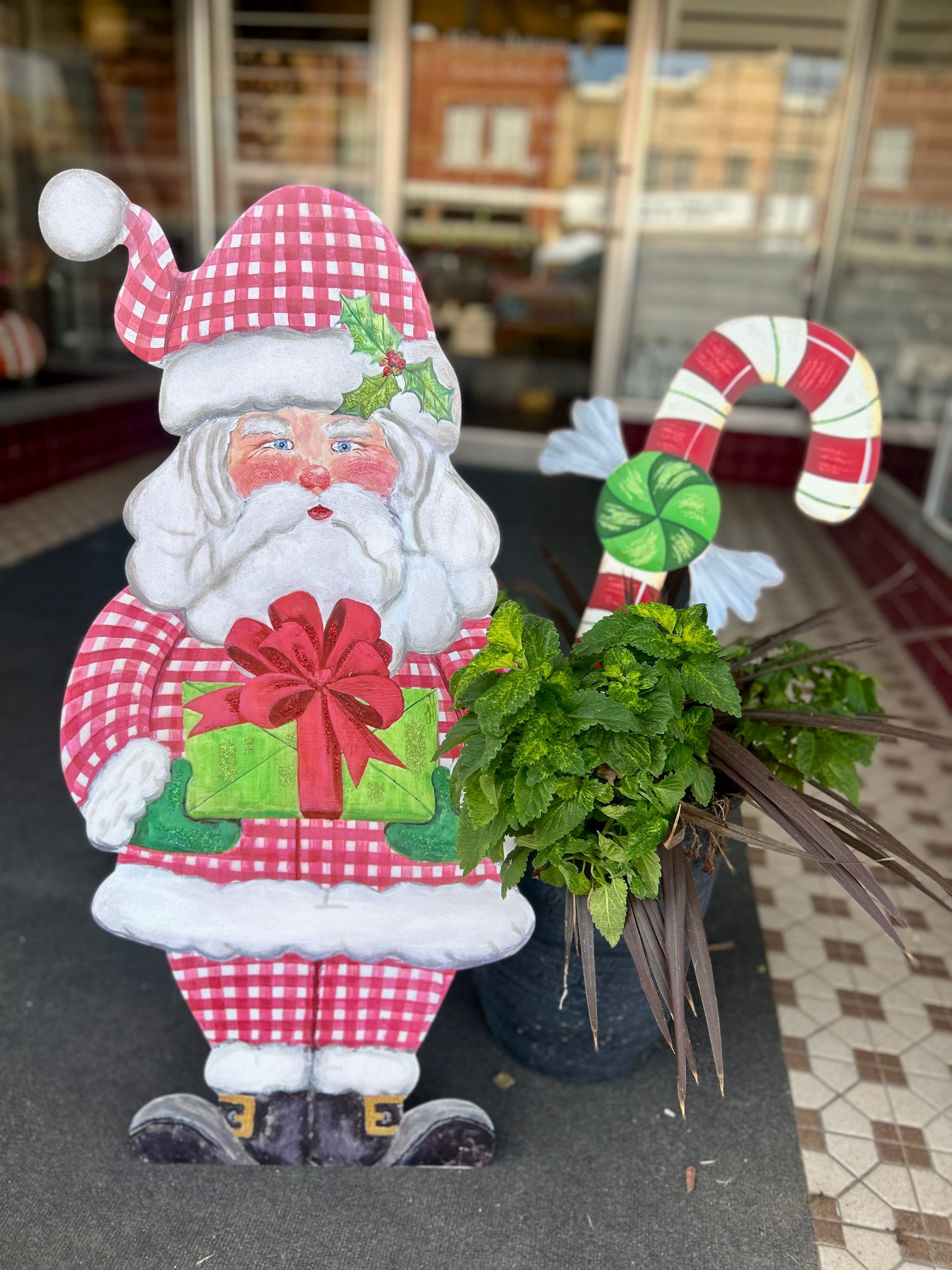 Large Santa Claus Red White Checkered Pattern with attached easel Outdoor Metal
