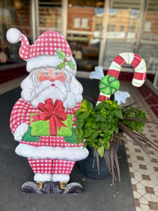 Large Santa Claus Red White Checkered Pattern with attached easel Outdoor Metal