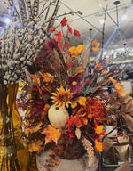 Load image into Gallery viewer, Fall Mixed Cream Pumpkin, Burgundy, Gold Sunflowers, and Stems in Rustic Bronze Copper Resin Pot
