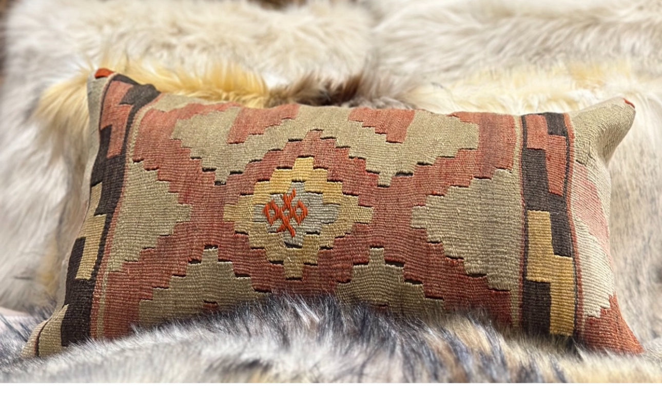 Aztec Kilim Pillow with 12”x20” Form Western Style, Dark Terra Cotta, Brown