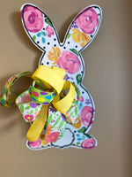 Load image into Gallery viewer, White Floral Rabbit Metal Door Hanger, Stake, and Attached Easel
