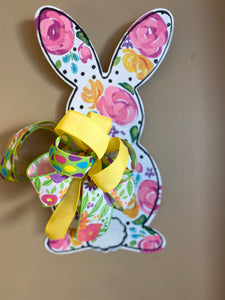 White Floral Rabbit Metal Door Hanger, Stake, and Attached Easel