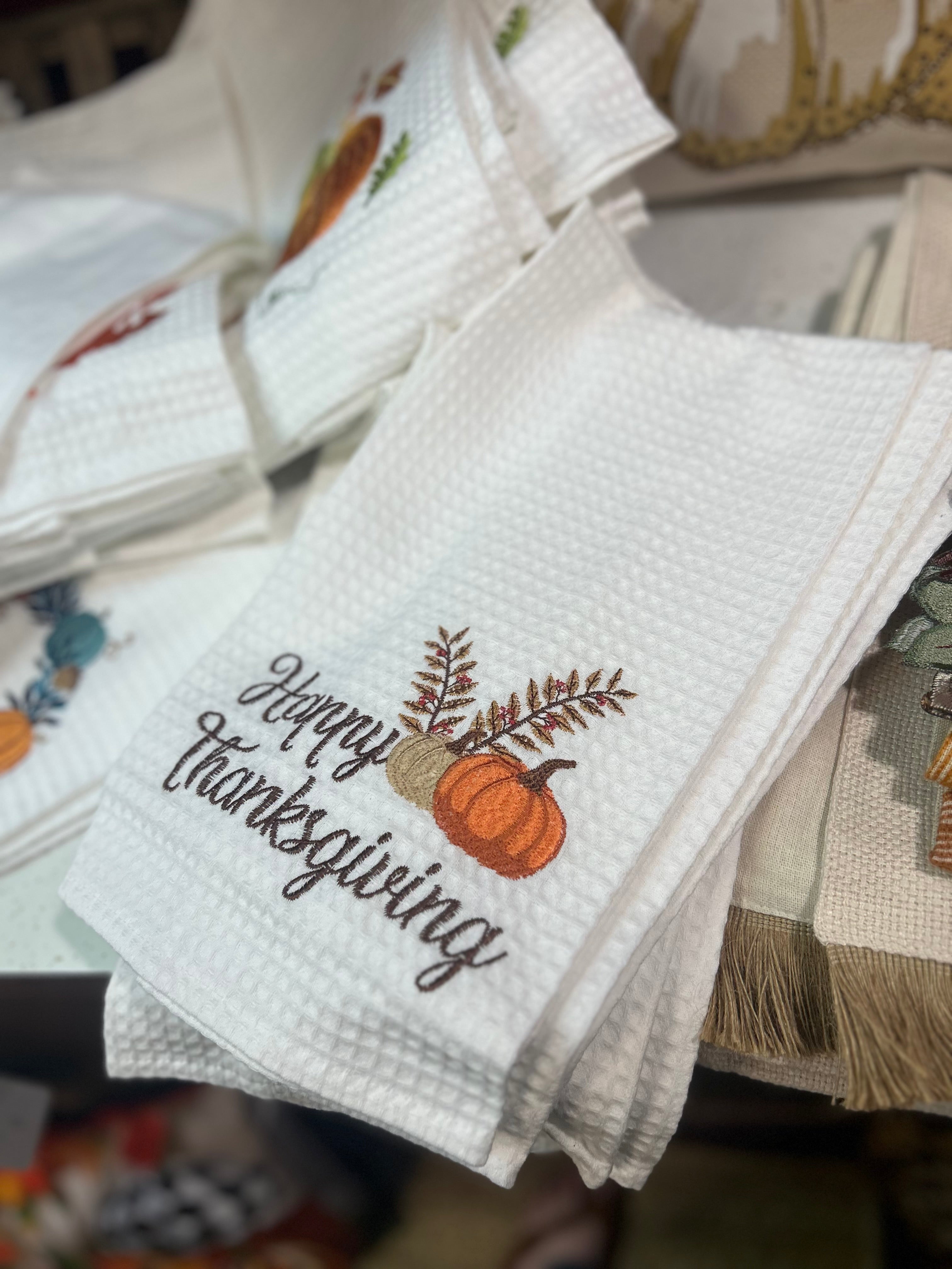 Fall Happy Thanksgiving White Waffle Towel