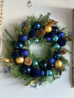 Load image into Gallery viewer, Ornamental Blue Pine &amp; Gold Wreath
