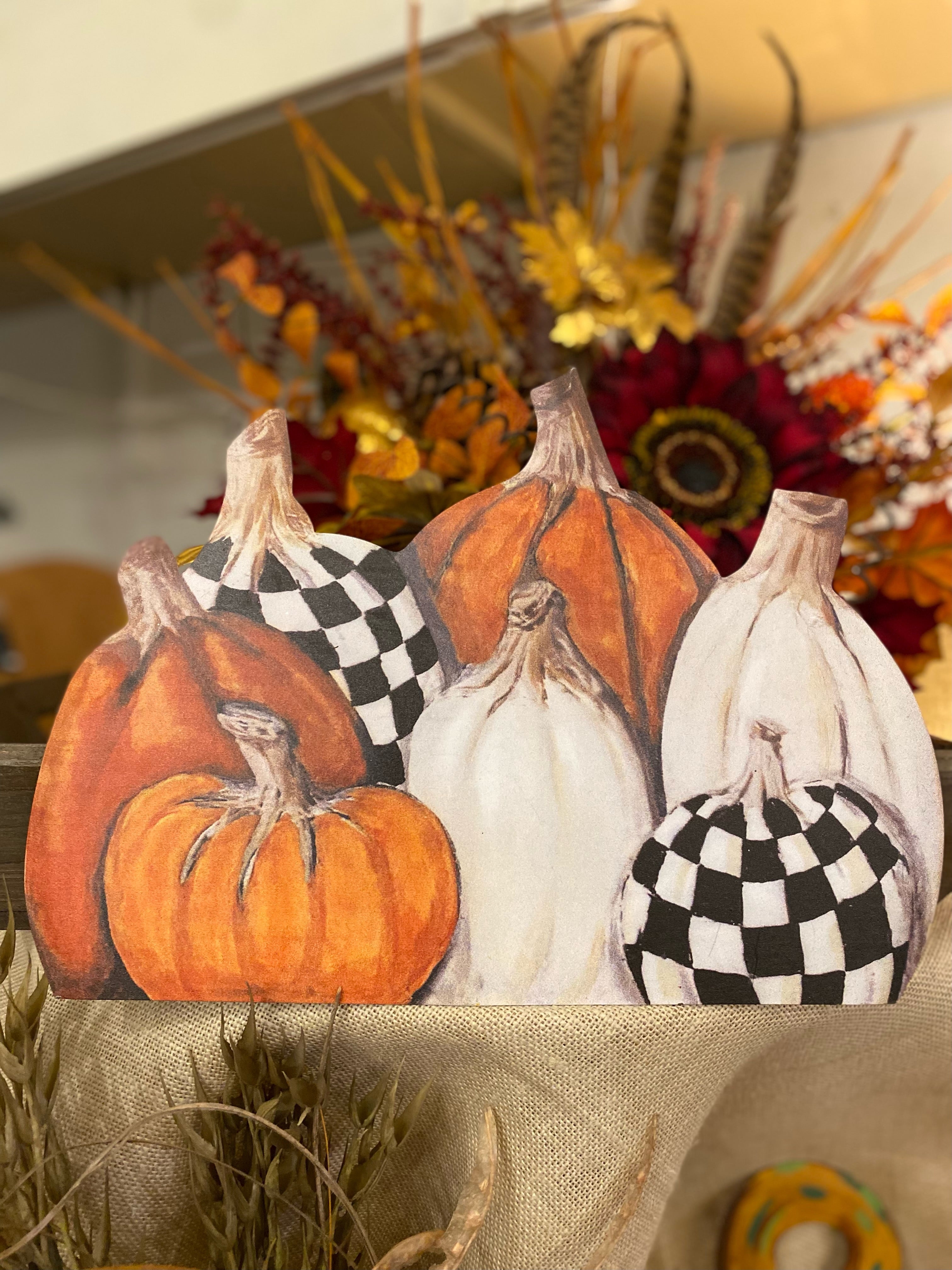 Pile of Orange/White Pumpkins with Black & White Check Pumpkin Metal Stake and Easel