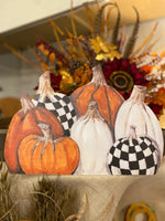 Load image into Gallery viewer, Pile of Orange/White Pumpkins with Black &amp; White Check Pumpkin Metal Stake and Easel
