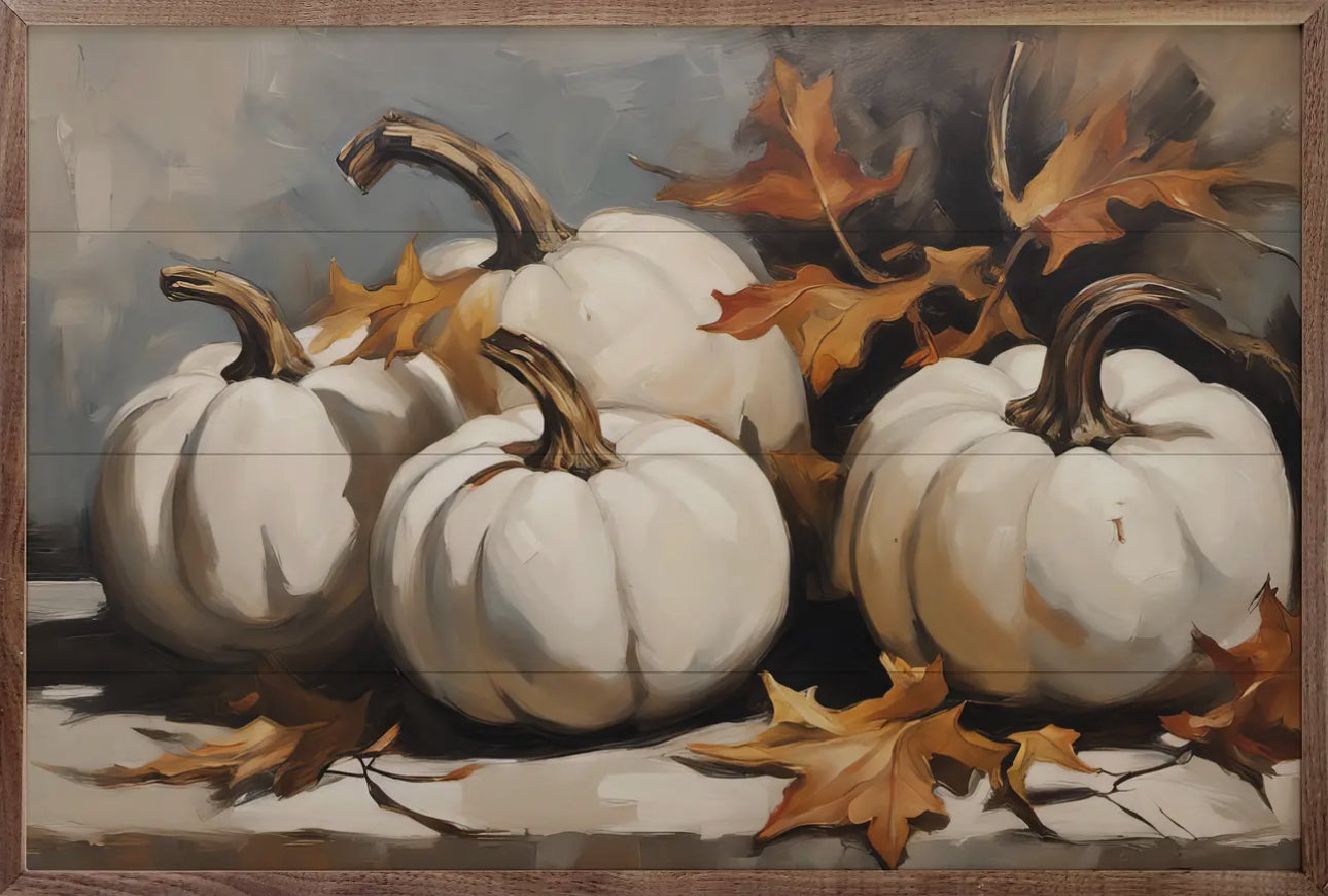 White Pumpkins with Fall Leaves Art and Wood Frame