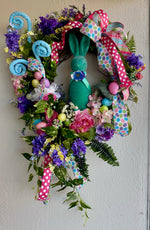 Load image into Gallery viewer, Teal Bunny Spring Floral Wreath Pinks, Green, Soft Blues, Yellow
